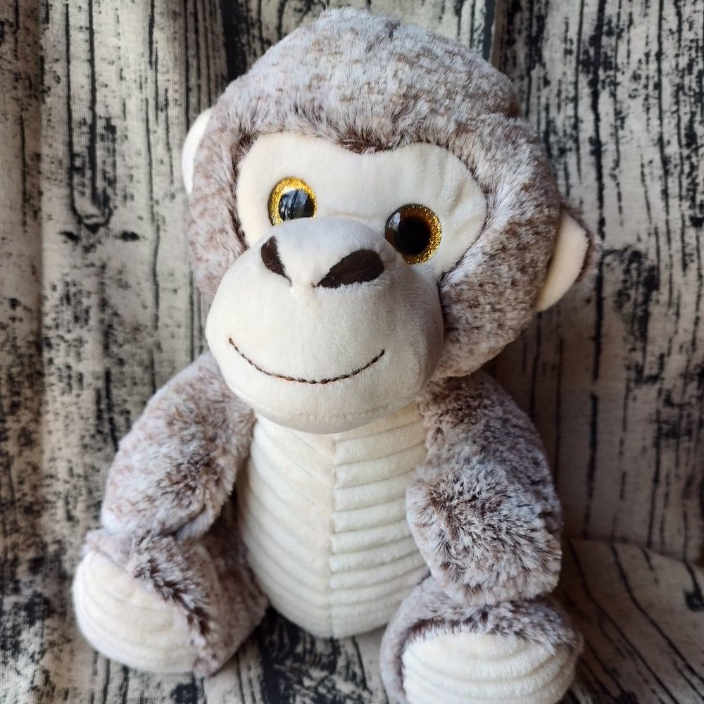 Linzy Monkey Plush Gray Brown Cream Ribbed Corduroy Gold Glitter Eyes 11" new